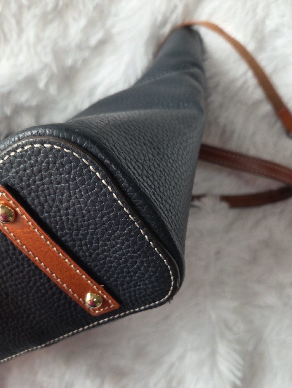 Dooney & Bourke Dark Blue Tote with Brown Trim and Straps - Picture 7 of 10